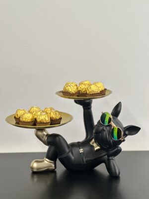 sitting bulldog with two trays