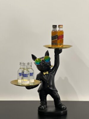 bulldog standing with two trays